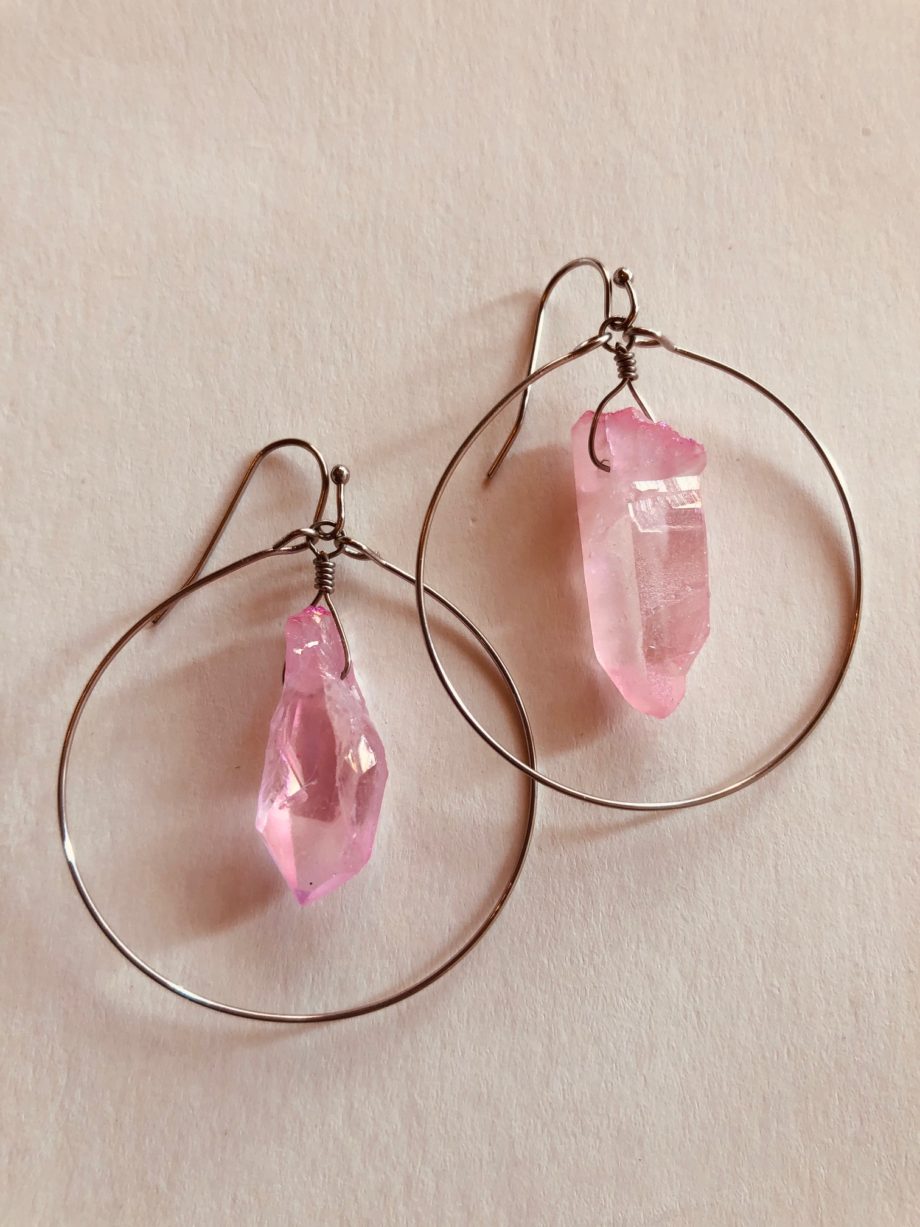 Pink Crystal Quartz Hoop Earrings